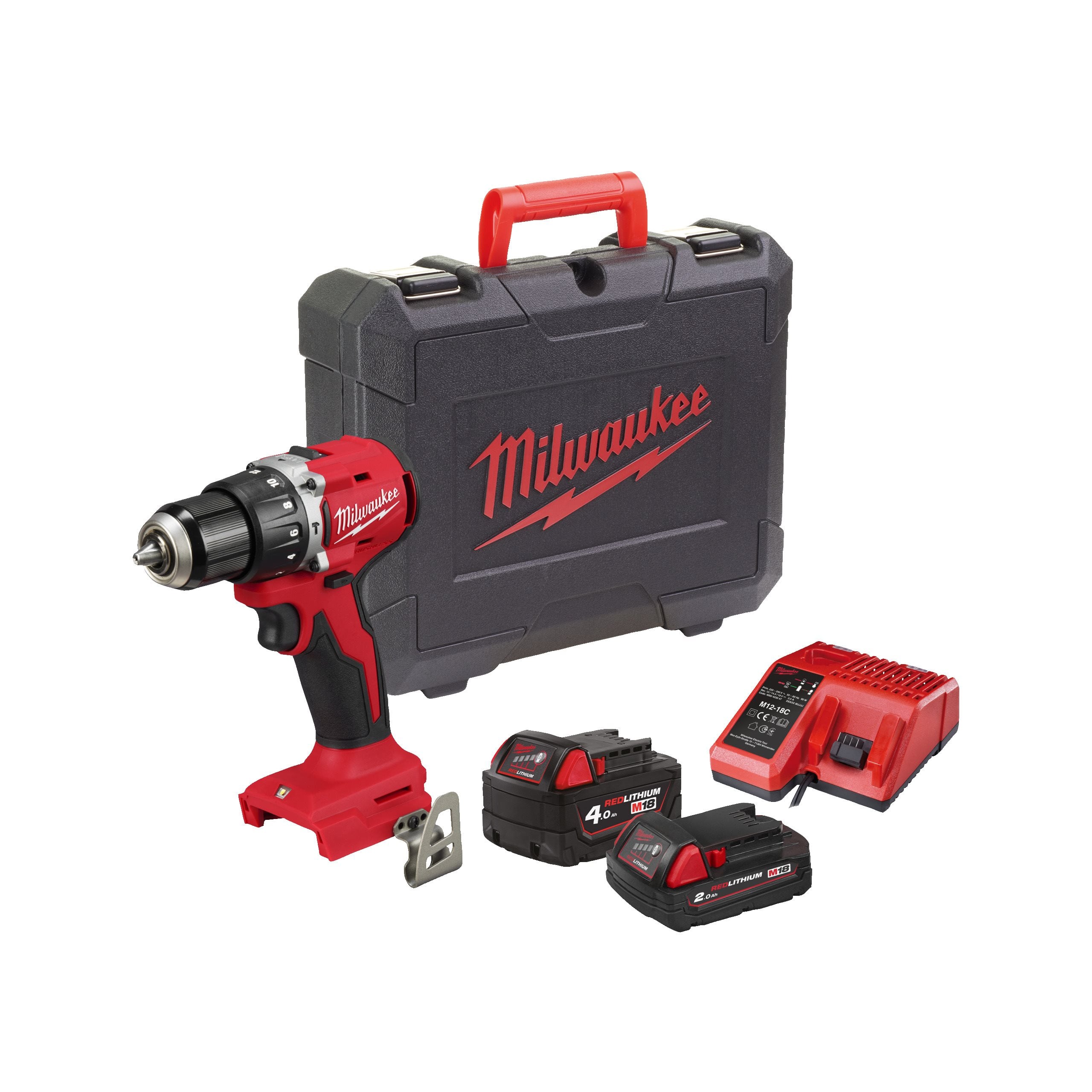 M18 BLPDRC-422C - M18 Compact Brushless 60.5Nm Percussion Drill with 1 x M18B2 (2.0Ah Battery), 1 x M18B4 (4.0Ah Battery) & M12-18C Charger & Carry Case